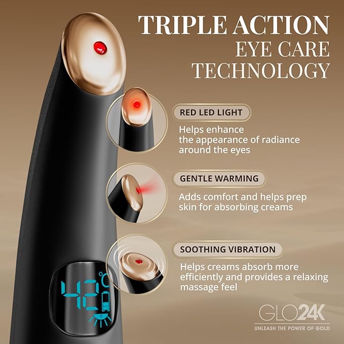 GLO24K Heated Eye Wand & Eye Massager Tool – Gentle Warmth & Vibration for Smoother-Looking Skin, Refreshing Under-Eyes Massage, Portable Beauty Device