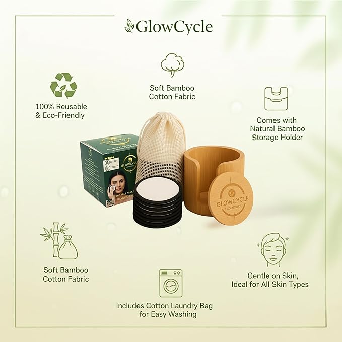 GlowCycle Eco-Luxury Ultra-Soft Reusable Makeup Remover Pads (20 Pack) – Bamboo Cotton Rounds with Storage Box & Laundry Bag – Washable & Gentle for Sensitive Skin