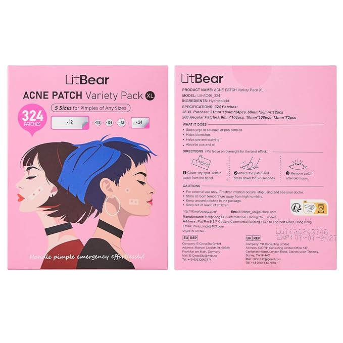 6、LitBear Large Pimple Patches, 5 Sizes 324 Patche Big Acne Patches, XL Hydrocolloid Bandages for Full Face, Forehead, Chin, Nose, Body, Back, Neck & Chest, Stirp, Square Large hydrocolloid Patch