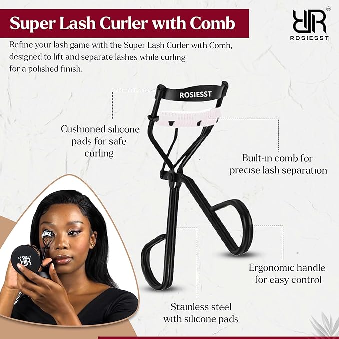 Rosiesst Super Eye Lash Curler with Built-in Comb, Creates Long Lasting Curl, Premium Quailty, Dual Function, Lightweight Durable Design, Beautiful Eye-Opening Curler