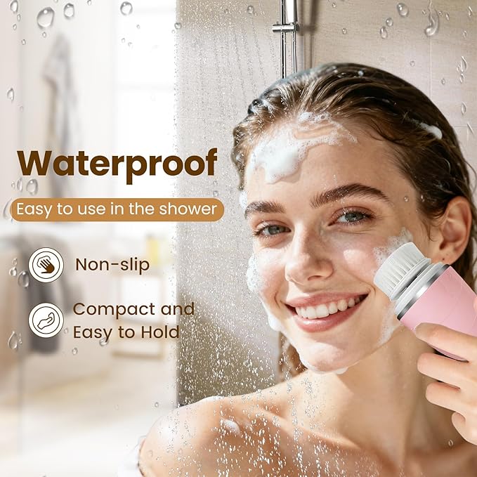 Facial Cleansing Brush, Mini Electric Face Scrubber, Waterproof Face Exfoliator Brush for Deep Cleansing, Portable Face Wash Brush for Travel, Easy to Carry, with 3 Brushheads for Women Mom Men