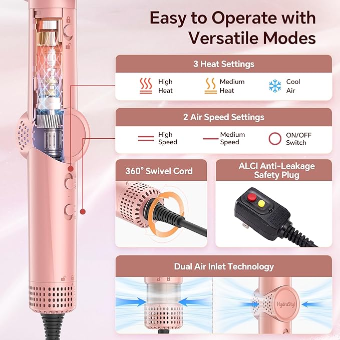 HydraStyl 5 in 1 Hot Air Styler, 1300W 110000 RPM High-Speed Hair Dryer Brush with Auto-Wrap Curlers, Frizz-Free Volumizing Straightening Curling for All Hair Types, No Heat Damage, Travel Bag