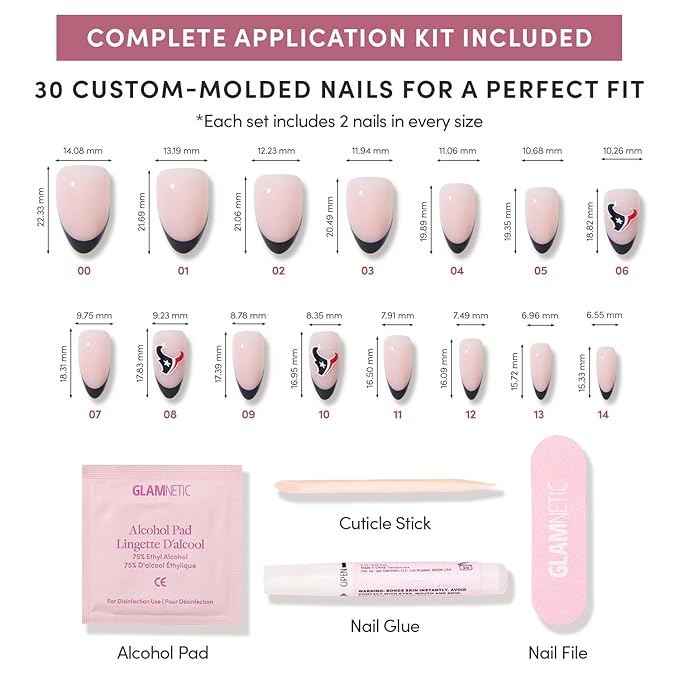 Glamnetic x Fanatics Press On Nails - Houston Texans | Short Almond Fake Nails, NFL Texans Blue French Tips, Football Nails, Salon-Quality | 15 Sizes - 30 Nail Kit with Glue