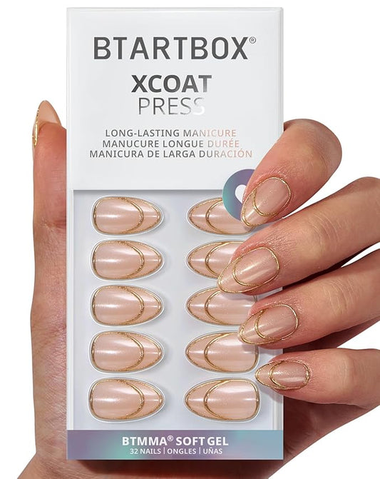 BTArtbox French Tip Press On Nails - Double Gold, Lamp-Curable 3D Gold Line Short Almond Press On Nails with Glue and Adhesive Tabs for Women in 16 Sizes - 32 Soft Gel Glue On Nails Kit