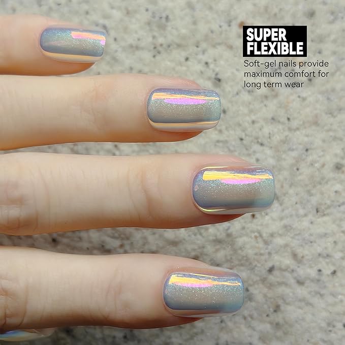 Okiyomi White Press on Nails - Iridescent Snow Cat Eye Press on Nails | Magnetic Pearl Sparkle with UV Finish - Short Ballerina Squoval - 15 Sizes - 30 Soft Gel Fake Nails with Glue and Stick On Tabs
