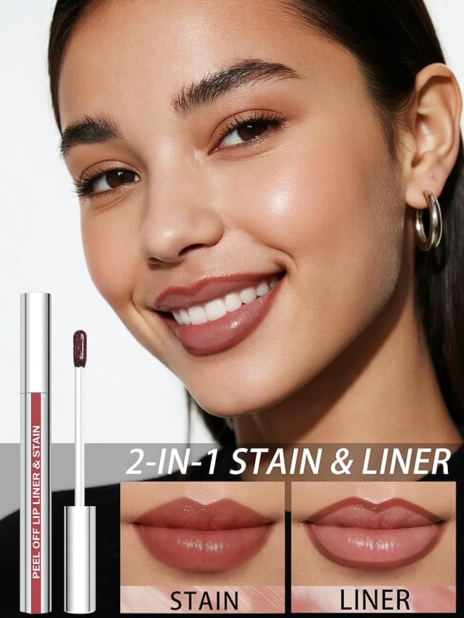 QCMME Lip Stain Peel Off Lip Liner Stain with Tweezer, Long Lasting Matte Lip Tint Tattoo, Highly Pigmented Color Lip Makeup, Waterproof Lipstick, Transfer-proof Lipstain for Women, Chestnut Brown