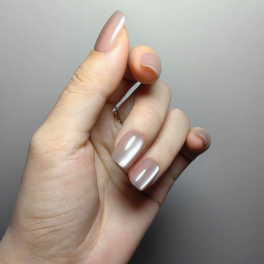 Okiyomi Nude Press on Nails - Pale Blush Nude Cat Eye Press on Nails | Magnetic Neutral Blush Shimmer - Short Ballerina Squoval Shape - 15 Sizes - 30 Soft Gel Fake Nails with Glue and Stick On Tabs