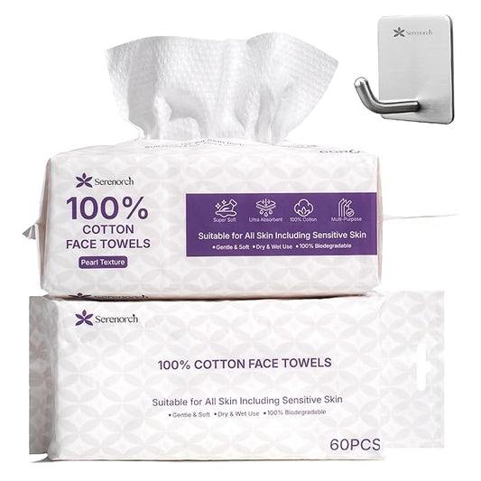 Serenorch 100% Cotton Disposable Face Towels, Soft Cotton Tissue for Sensitive Skin, Daily Cleansing & Makeup Removal, dry wipes for baby