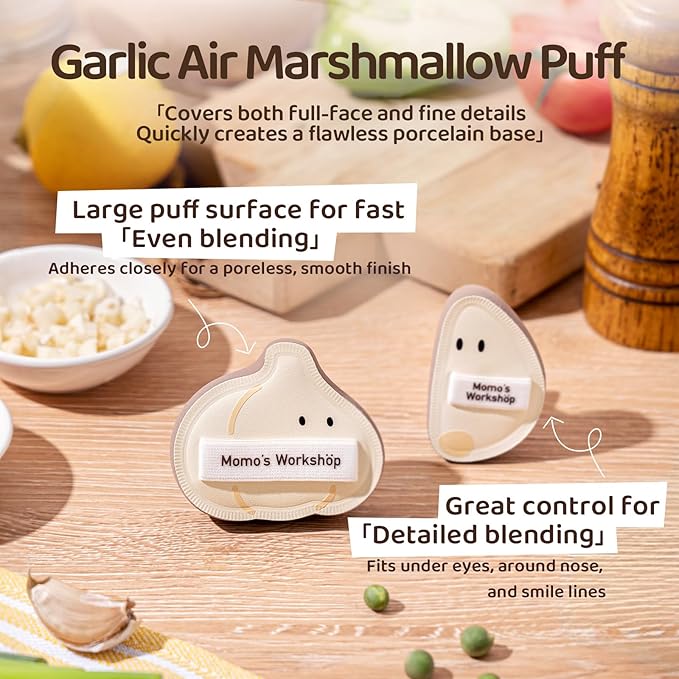 3-Pack Garlic Shape Makeup Puffs, High-Density Rubycell for Oil Control & Full Coverage, Firm PU Leather Backing for Flawless Cream Skin Finish, for Liquid & Cream Makeup & Storage Case