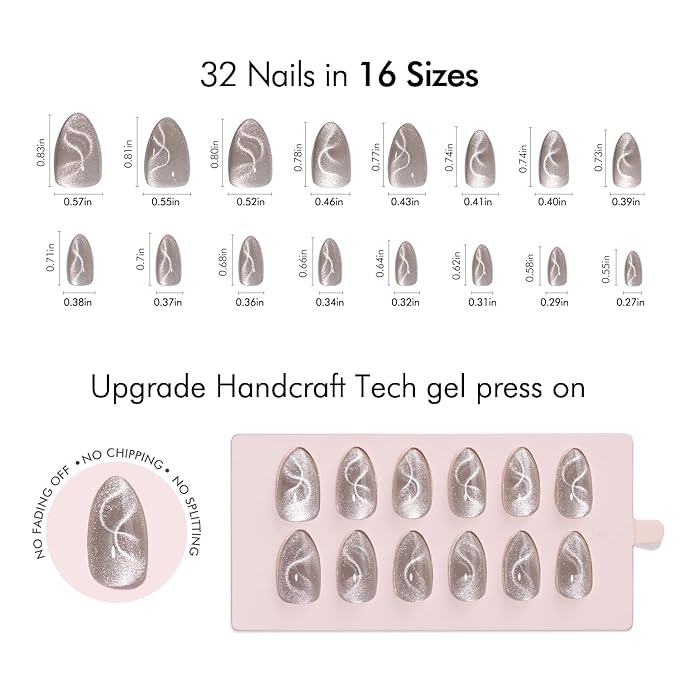 VSALON Press On Nails Short Almond, 32 Pcs 16 Sizes Cat Eye Press On Nails Silver Shimmer Ribbon Sparkly Fake Nails With UV Glue Reusable Stick On Nails Semi-transparent Valentines Gifts For Women
