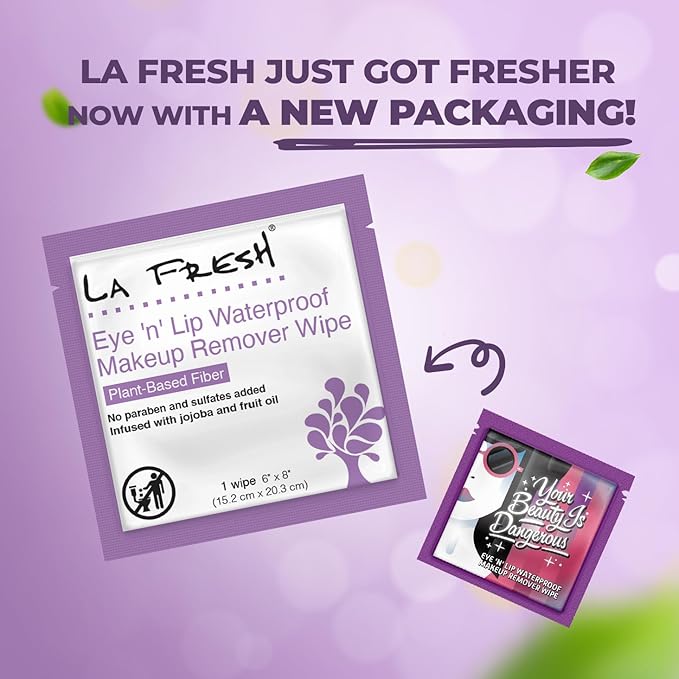 LA Fresh Eye and Lip Waterproof Makeup Remover Wipes Pack of 50 Individually Wrapped Wipes Made With Vitamin E, Olive Oil Convenient Size For Purse, Gym Bag, Car, Anywhere On The Go