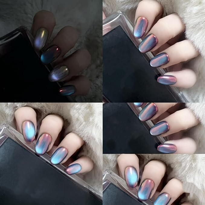 Cat Eye Press on Nails Handmade Short Oval/Square/Round False Nails with French Tip/Aurora/Magnetic Shimmer Designs (Aurora#Night M)