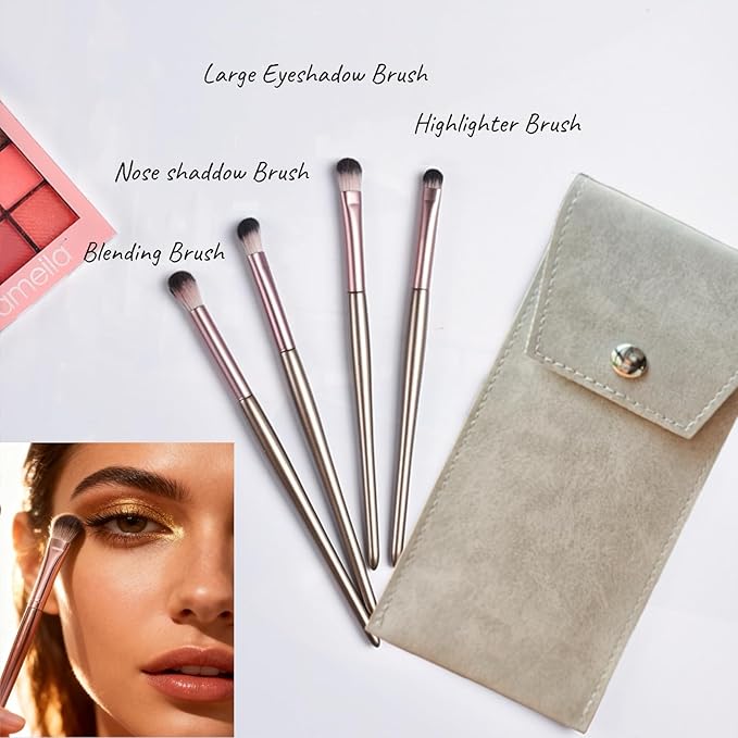 Eyeshadow Makeup Brushes Set with Case 4 PCS Soft Synthetic Hairs Eye Makeup Brushes for Blending Eyebrow Eyeliner Eyeshadow （Rosegold）