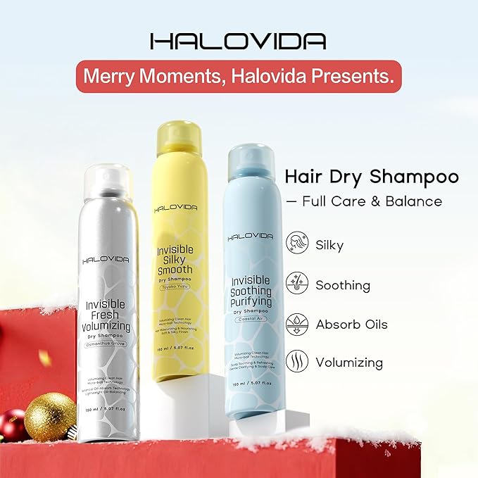 HALOVIDA Dry Shampoo Pack of 3, Invisible Dry Shampoo Spray for Dark Hair Leaves No White Residue, Absorb Oils, Volumizing & Refresh Hair for 72 Hours, 5.07 Fl Oz (Osmanthus Grove+Yuzu+Coastal Air)