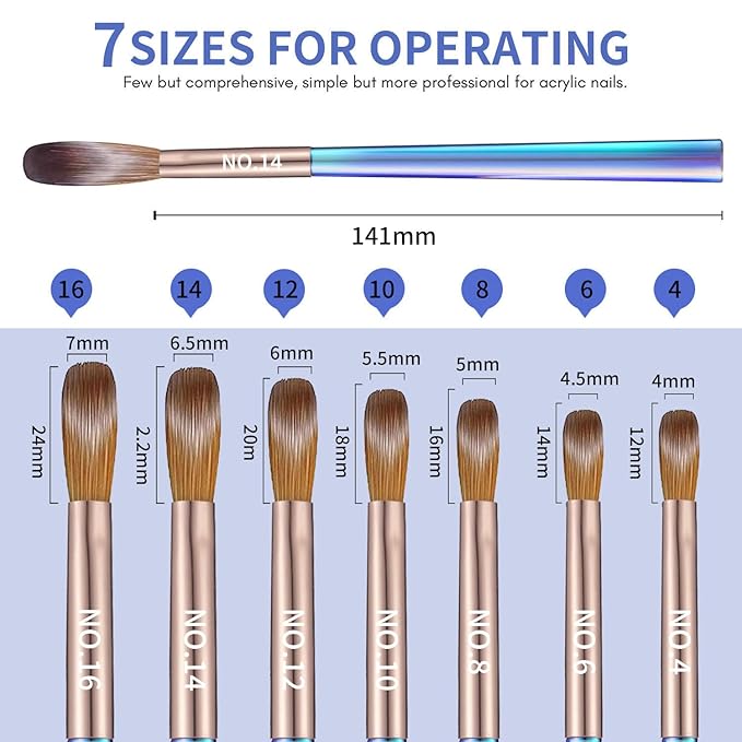 DAIXIANGER 7Pcs Acrylic Nail Art Brush Set -Size 4/6/8/10/12/14/16,Gradient Blue Handle Nail Brushes for Acrylic Application Powder & Nail Extension, 3D Nail Carving Tools for DIY Home Salon