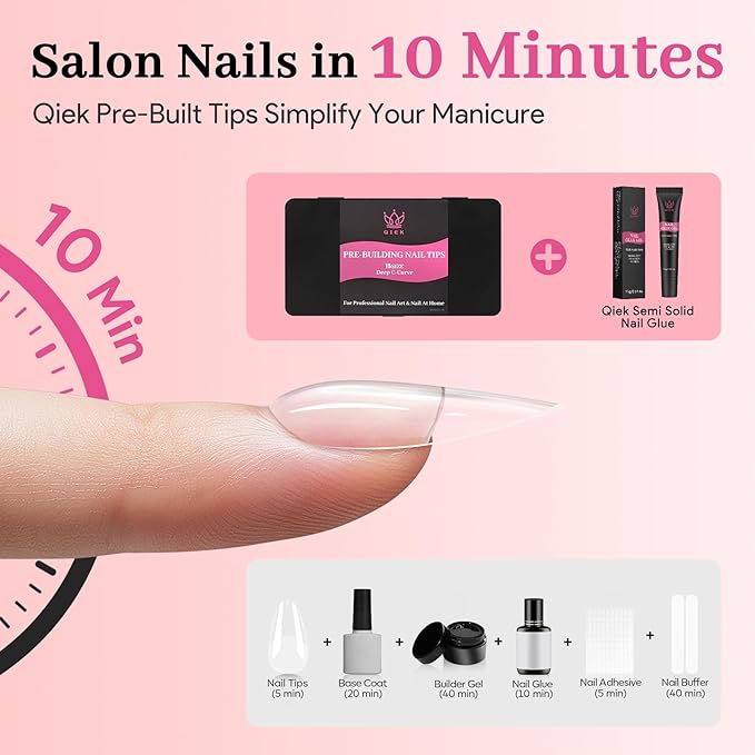 Qiek Medium Almond Pre-Building Nail Tips Kit, 15 Sizes 240 PCS Pre-shaped Apex Pink Thick Extensions Tip Soft Half Matte Press On Fake Nails Glue Gel Nail Lamp for DIY Beginners & Salon Manicure