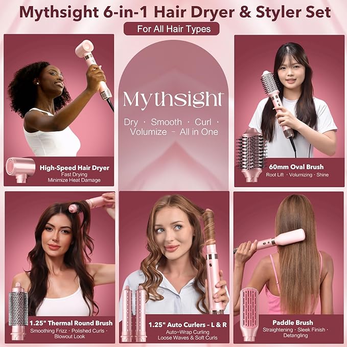 Mythsight Dual Voltage StyleVibe 6-in-1 Air Styler, Hair Dryer & Blow Dryer Brush with Travel Case - Auto Wrap Curls (L/R), Fast Drying, Thermal Brush for Blowouts & Frizz-Free Volume, No Heat Damage