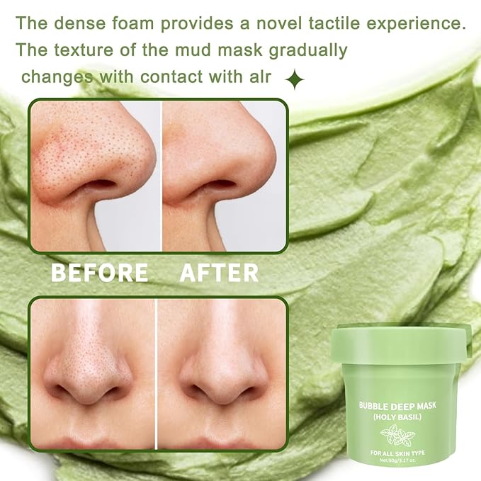 Holy Basil Bubble Deep Cleansing Mask with Carbonated Water for Pore Cleansing & Blackhead Removal, Korean Clay Bubble Wash-Off Facial Pack, 90g / 3.17 oz (01)