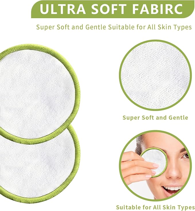 Sopurrrdy Reusable Cotton Rounds, 100% Natural Bamboo Cotton Pads for Face|Reusable Makeup Remover Pads with Laundry Bag,Headband and Cotton Round Holder (White and Green)