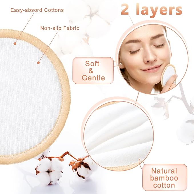 Foaincore 40 Pcs Reusable Makeup Remover Pads with Mesh Storage Bag and Bamboo Box Washable Bamboo Cotton Rounds Soft Reusable Face Pad for Toner Skin Various Skin Care Products(White, Tan)