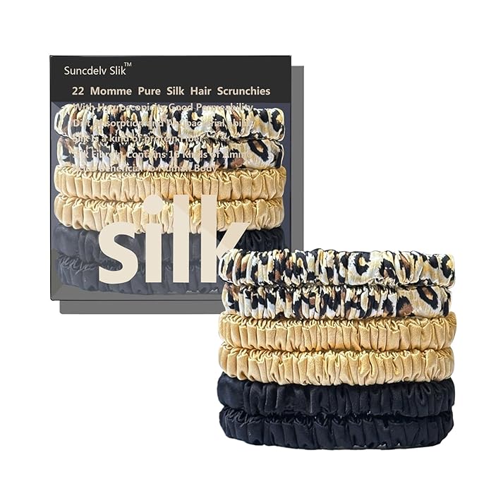 Suncdelv Silk,100% Silk Scrunchies for Hair,22 Momme Hair Ties for Anti-Crease & Breakage,Natural Women Hair Accessories，Fashion Hairbands 6PCS(Black, Gold,Leopard)