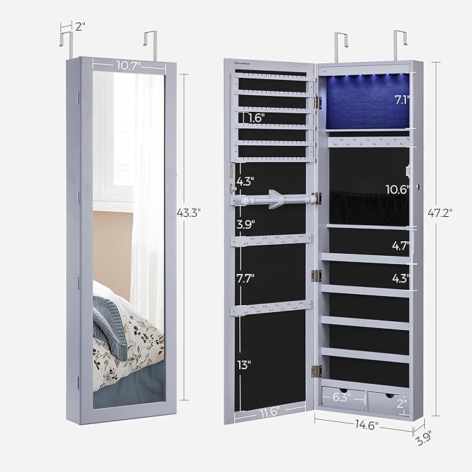 SONGMICS 6 LEDs Mirror Jewelry Cabinet, 47.2-Inch Tall Lockable Wall or Door Mounted Jewelry Armoire Organizer with Mirror, 2 Drawers, 3.9 x 14.6 x 47.2 Inches, Gray UJJC93GY