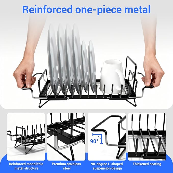 Dish Drying Rack, Stainless Steel Expandable Over/in Sink & Countertop, Space Saving Collapsible Rust-Proof Rack with Silicone Mat Cutlery Holder for Kitchen/RV/Commercial Use (14.56-18.5" L)