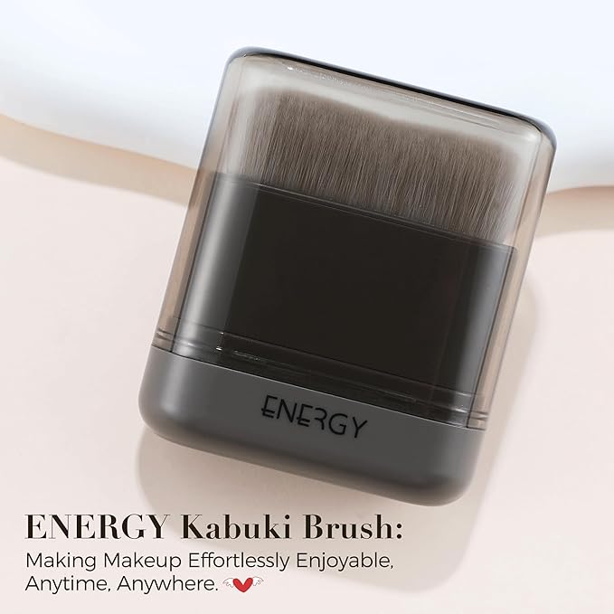 ENERGY Kabuki Foundation Brush with Cover – Adjustable Head, Small Travel Makeup Brush for Cream, Liquid, Powder, Bronzer or Highlight, Face Contour Brushes for Easy Blending, Self Tanner Mini
