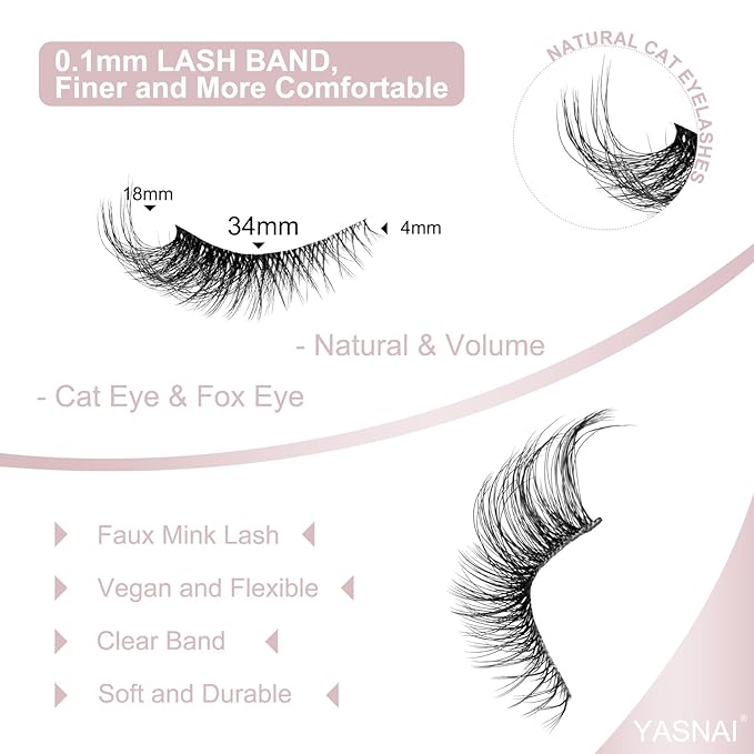 Yasnai Cat Eye Lashes Fluffy False Eyelashes Volume Lashes Wispy Fake Lashes Natural Eyelashes Strip Lashes 9 Pairs Pack 9D