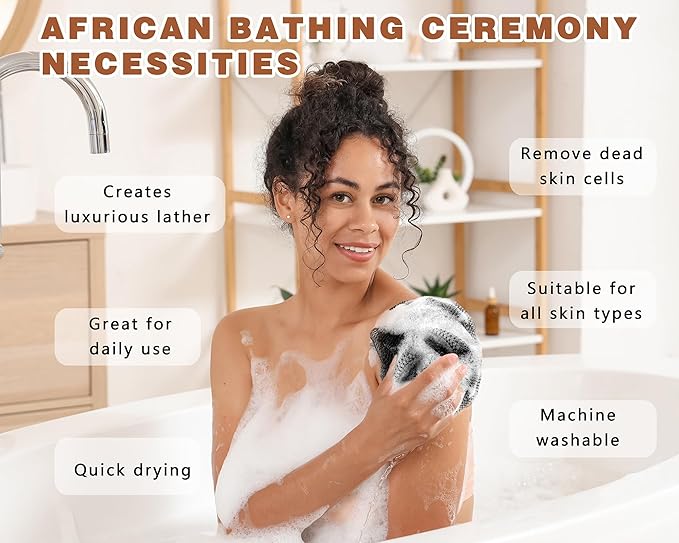2 Pack African Net Sponge Exfoliating Scrubber Bath Sponge for Daily Use (Black+Dark Brown)