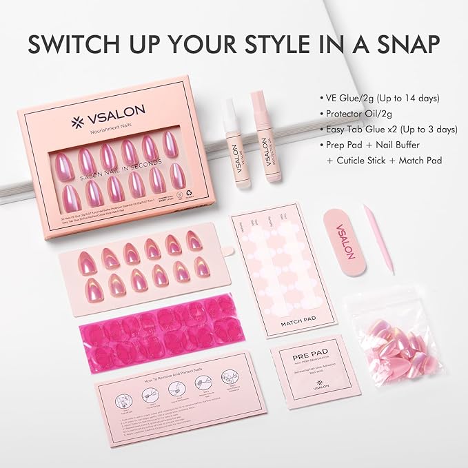 VSALON Press on Nails Short Almond - Pink Cat Eye Chrome Nails Kit for Women, Halloween Reusable Aurora Effect Opaque Gel Fake Nails with Glue & Cuticle Oil - 32 PCS Stick On Nails in 16 Sizes