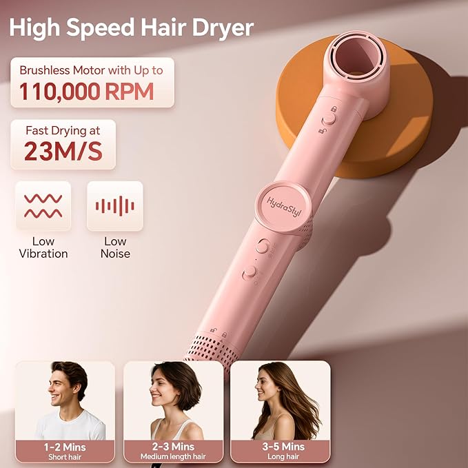 HydraStyl 5 in 1 Hot Air Styler, 1300W 110000 RPM High-Speed Hair Dryer Brush with Auto-Wrap Curlers, Frizz-Free Volumizing Straightening Curling for All Hair Types, No Heat Damage, Travel Bag