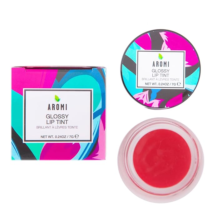 Aromi Glossy Lip Tint in Pot – Hydrating Lip Gloss Color, Sheer, Bright Red Shade, Vegan & Cruelty-free, Moisturizing, Non-Sticky Formula (Red Hibiscus)