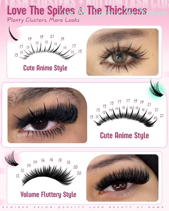 Spikes Eyelash Clusters Volume Lash Clusters Kit DIY Salon-Grade Lash Extensions Spiky Individual Lashes Extension Kit 12-21mm Cluster Eyelash Extensions Kit Manga Lashes Clusters with Bond and Seal
