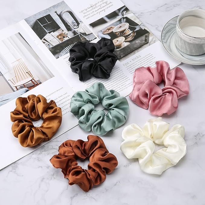 Lolalet Scrunchies for Women, Satin Hair Scrunchies Softer Than Silk Hair Ties for Hair Sleep, Big Scrunchy Ponytail Holder with Elastic Hair Bands for Girls Thick Thin Curly Hair -6 Pack, Style B