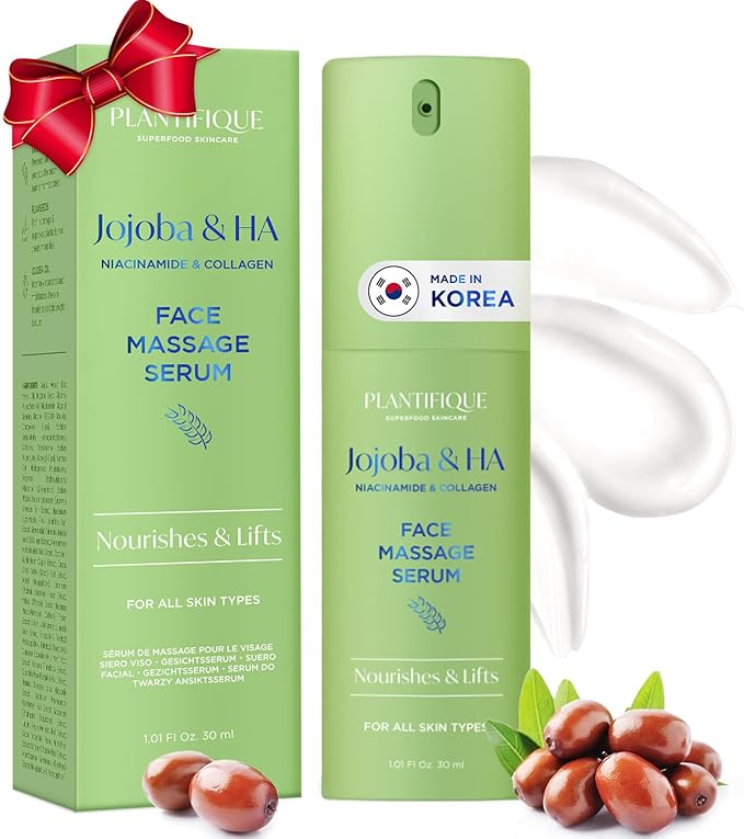 PLANTIFIQUE Korean Jojoba Oil & Hyaluronic Acid Face Massage Serum – Hydrating Anti-Aging Collagen & Niacinamide Formula – Perfect for Gua Sha Facial Massage – Gift for Men & Women