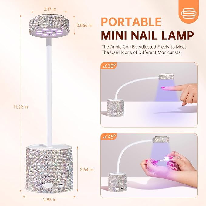 CHRISTINE SHELLY UV LED Nail Lamp, Mini UV Light for Gel Nails Polish, Rechargeable LED Flash Cure Nail Dryer, Quick Drying Goosenecks UV Nail Lamp for Home Nail Salon DIY Manicure, AB Diamond