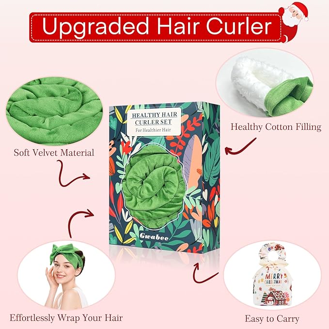 Gwabee 10 PCS Christmas Heatless Curls Overnight Hair Curler, 70" Overnight Curls Hair Curlers to Sleep In with Bonnet for Women Long Hair Volume, Heatless Curling DIY Set - Green
