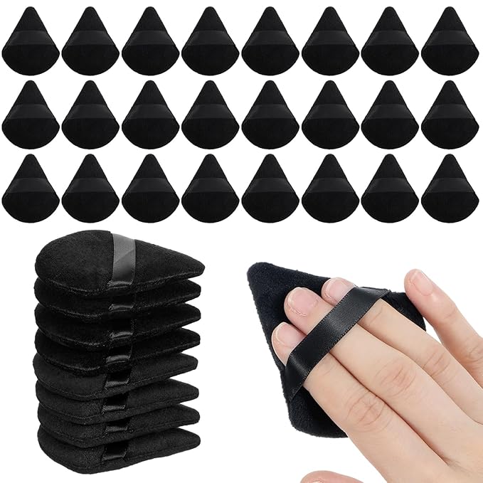 32 Pcs Triangle Powder Puff, Face Soft Velour Makeup Sponge, Triangle Puff for Wet and Dry, Setting Puffs Cosmetic Foundation Makeup Tool(Black)