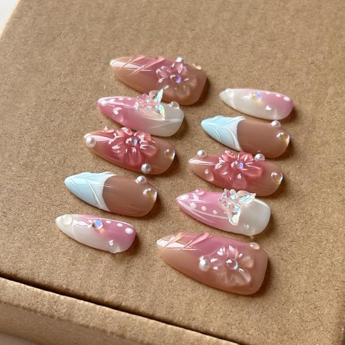 MAGLFELL Press On Nails Medium Almond Nails, Handmade 3D Design Fake Nails with Thick Acrylic Multi-Layer Gel Nails, Reusable Durable DIY Artificial Nails for Women (10 Pieces)