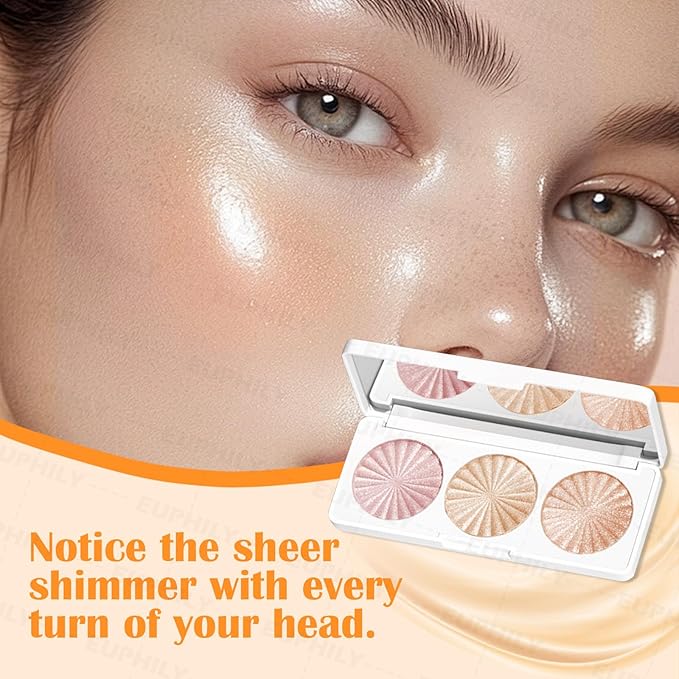 3 Colors Highlighter Makeup Palette, Face Highlight Makeup Contour Powder, Waterproof Long Lasting Glitter Face Illuminator Highlighter for Women, 02 Sunset Radiance Trio