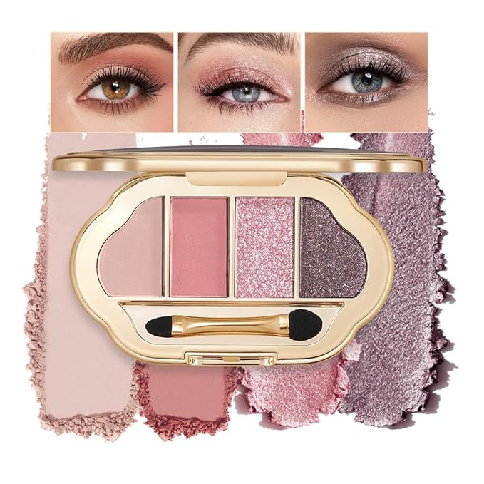 4 Colors Neutral Nude Matte & Shimmer Eyeshadow Palette, Pink Rose Plum Brown Neutral-Warm Mattes Glitter Eye shadow Contour Makeup Palette for Mature Women, Blue Green Eyes, Daily Natural Makeup.