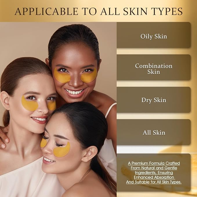 Under Eye Patches Masks - 24K Gold Eye Patch for Dark Circles & Puffy Eyesg,Fine Lines,Eye Bags, Wrinkle,Contains Caffeine and Collagen, Hydration for Women and Men, (60 Pcs) Gold