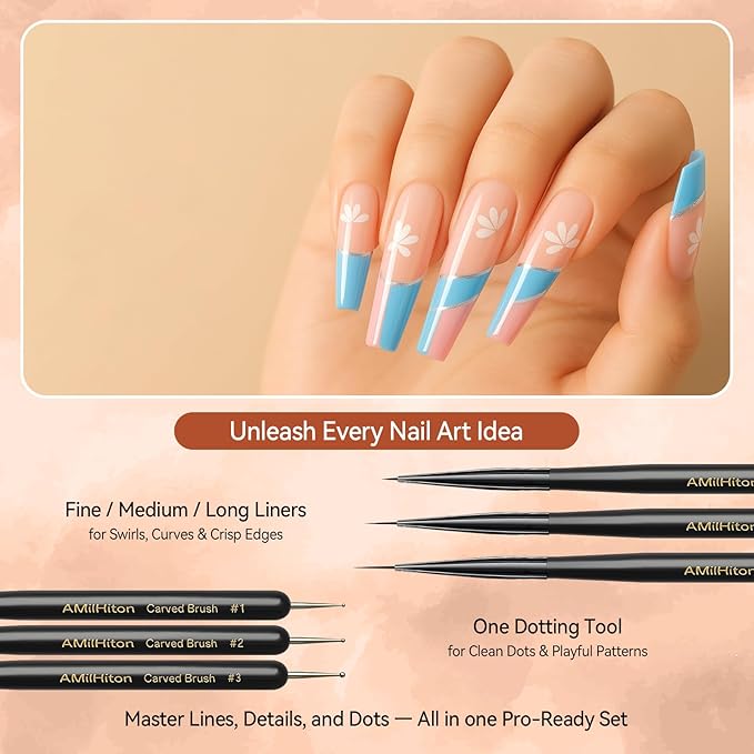 AMilHiTon 8PCS Nail Art Brush Set for Gel & Acrylic – French Tip, Flat, Oval & Carved Liner Brushes with Dotting Tools, Professional Builder Poly Gel Nail Design Kit