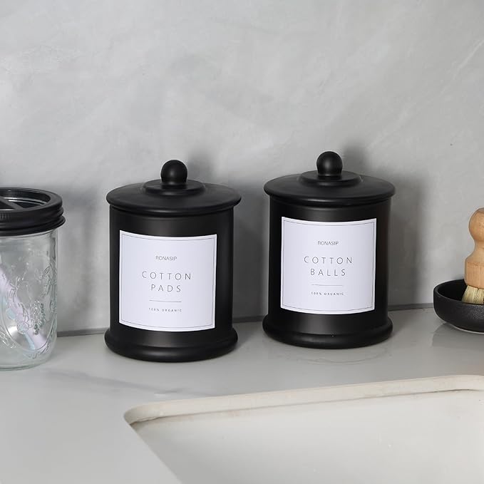 Ronasip Qtip Holder & Cotton Pad Dispenser, Bathroom Organizer and Storage Canisters, 16oz Glass Apothecary Jars for Kitchen, Restroom - Home Decor Accessories, Room Decor Aesthetic (2 Pack, Black)