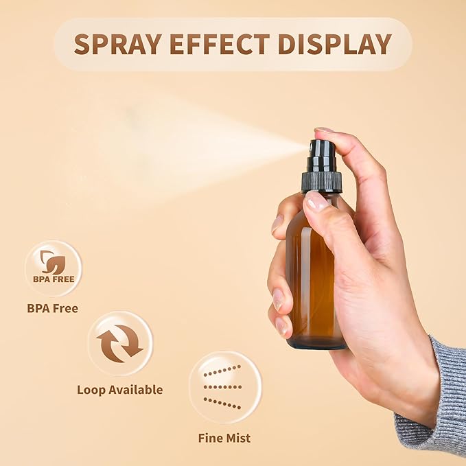 BILLIONSTARS 24 Pack 2oz Glass Boston Round Bottle with Fine Mist Sprayer - Amber - Essential Oils, Bath, Beauty, Hair & Cleaning - Leakproof Travel Bottles