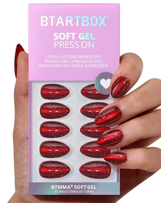 BTArtbox Press On Nails Short - New Red, Sparkle Deep Red Almond Valentines Press On Nails with Glue and Adhesive Tabs for Women in 16 Sizes - 32 Soft Gel Glue On Nails Kit
