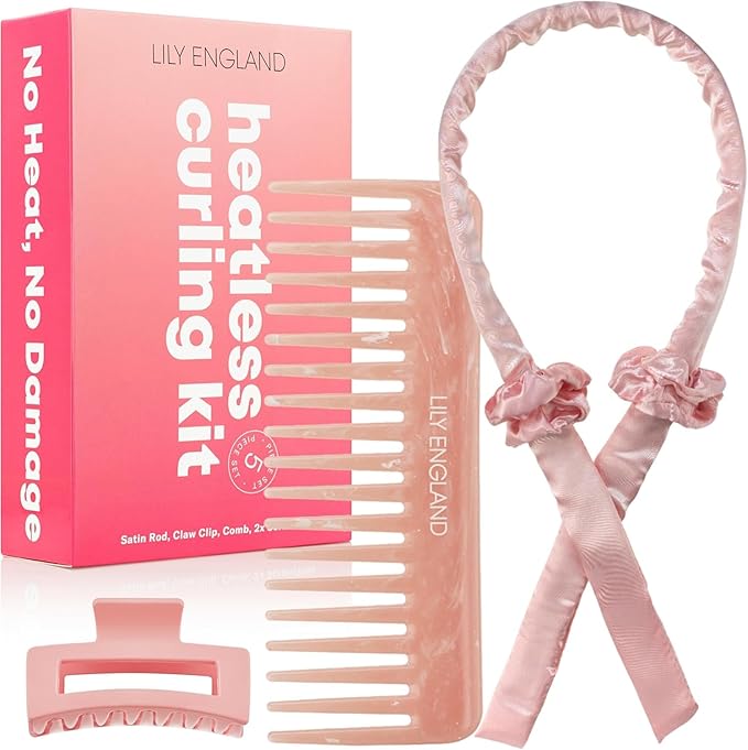Lily England Heatless Hair Curlers to Sleep In - No Heat Curling Gift Set Includes Satin Headband, Hair Clip, Comb & 2 Scrunchies - Sleek & Smooth Overnight Curls (Pink, 5 Pack)