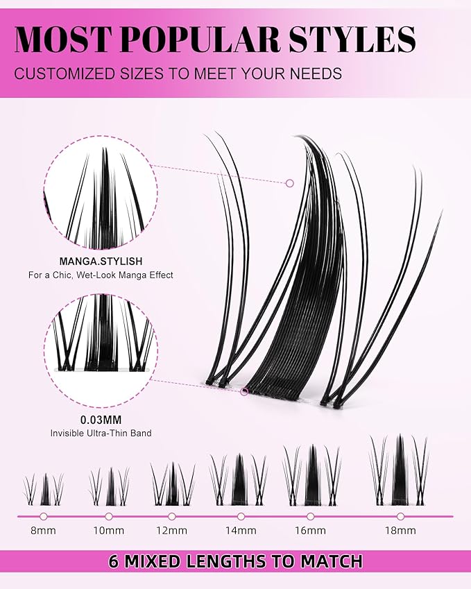 Fairy Lash Clusters Kit 8-18mm Manga Eyelashes Cluster Extension Kit D Curl Individual DIY Fake Lashes Extensions Wet-Look Spiky Anime Self Adhesive False Eyelashes, 0.03mm Ultra-Thin Invisible Band