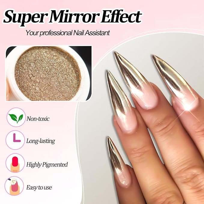 6 Jars Chrome Nail Powder Kit, Metallic Gold Chrome Nail Powder Super Mirror Effect Pigment Holographic Manicure Nail Glitter Powder Dust for Gel Polish Nail Art Decoration, Resin Craft
